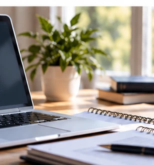 Laptop and notebook in a modern working environment