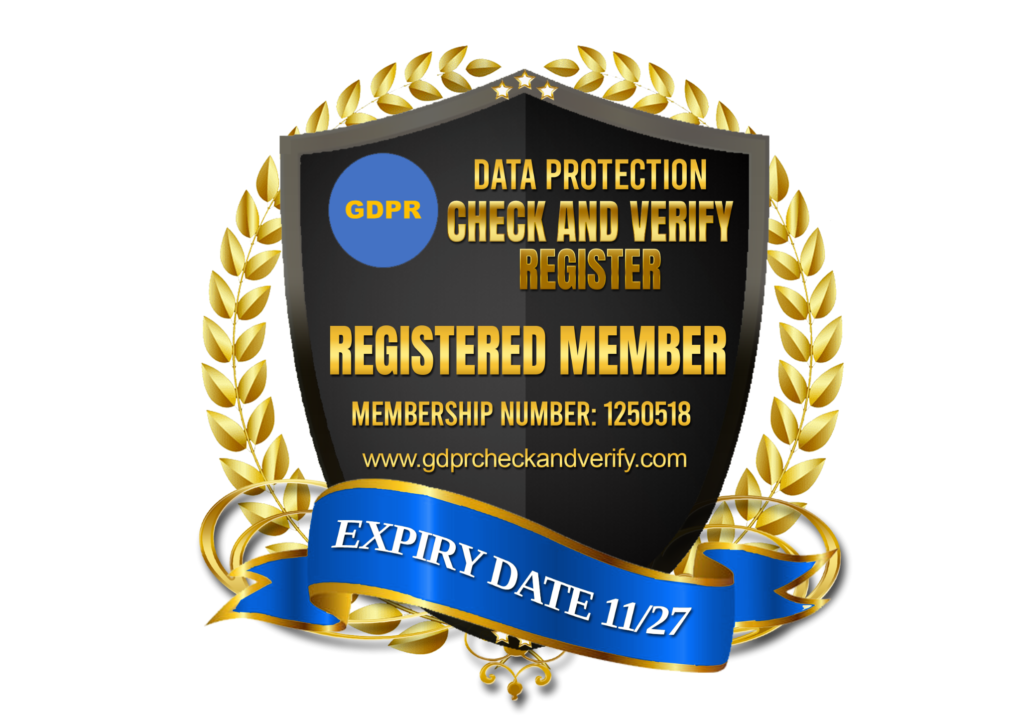 GDPR Check & Verify Register membership shield, number 1250518, expiry November 2027
