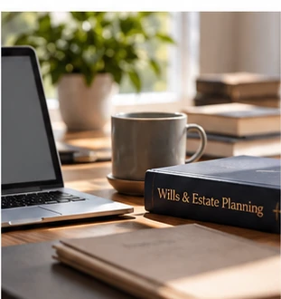 Laptop and a Wills and estate planning reference book on a desk